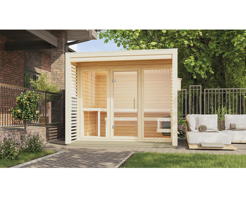 Chalet sauna Karibu Angkora 3 sans poêle avec fenêtre et porte tout verre en verre transparent Sauna extérieure en bois avec portes en verre dans le jardin