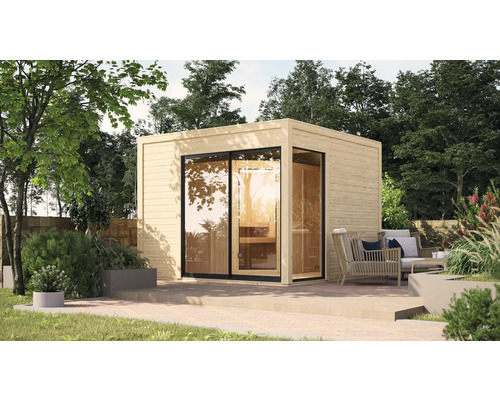 Chalet sauna Karibu Termingo 1 avec poêle 9 KW et commande ext. avec vestibule et porte tout verre bronzée Chalet sauna Karibu Termingo 1 avec poêle 9 KW et commande ext. avec vestibule et porte tout verre bronzée