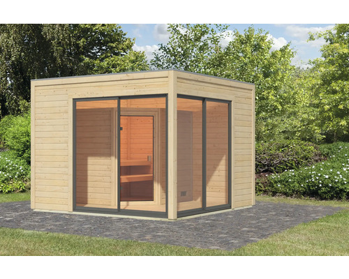 Chalet sauna Karibu Termingo 3 sans poêle avec vestibule et porte tout verre bronzée