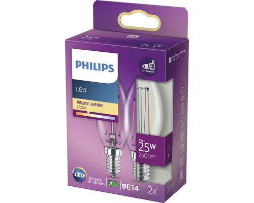 Philips LED Lampe, 2er Pack, E14 Fassung, warmweißes Licht