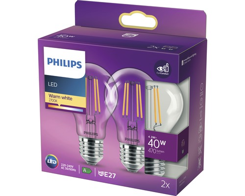 Philips LED Lampe E27, 4,3 Watt, 2er Pack