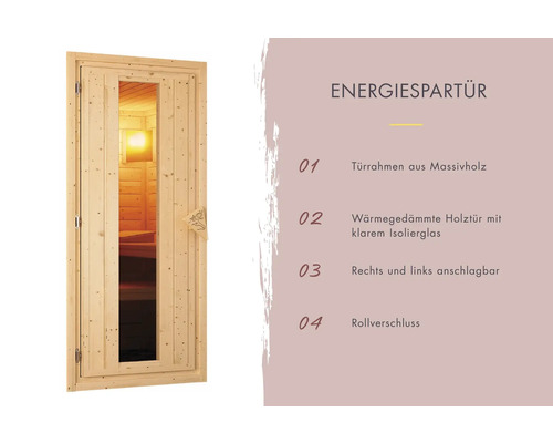 Energiespartür mit Türrahmen aus Massivholz und wärmegedämmter Holztür mit klarem Isolierglas.