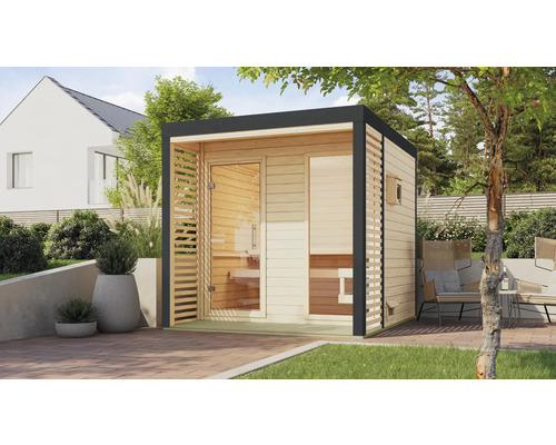 Chalet sauna Karibu Hybrid 2 avec poêle 9 kW Bio et commande ext avec fenêtre et porte tout verre en verre transparent cadre métal anthracite Chalet sauna Karibu Hybrid 2 avec poêle 9 kW Bio et commande ext avec fenêtre et porte tout verre en verre transparent cadre métal anthracite