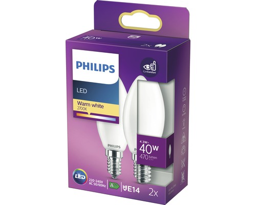 Philips LED Lampe E14, 4.3 Watt, 2700 Kelvin, 2 Stück in Verpackung