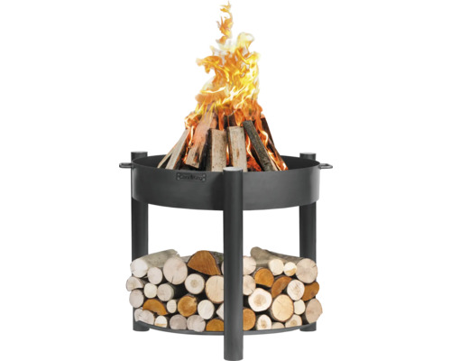 Brasero en acier avec bûches et flammes