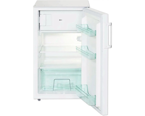 Réfrigérateur blanc ouvert avec étagères et balconnets de porte.