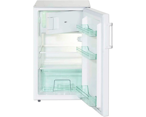 Réfrigérateur blanc ouvert avec étagères et compartiments de porte