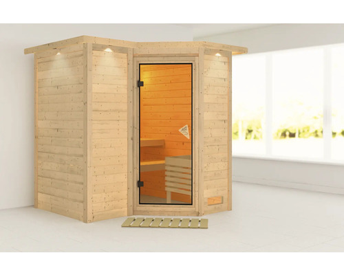 Sauna modulaire Karibu Melanit 1 sans poêle, avec couronne et porte entièrement vitrée couleur bronze