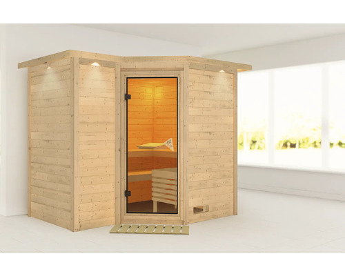 Sauna en bois massif Karibu Melanit 2 sans poêle, avec couronne et portes entièrement vitrées couleur bronze