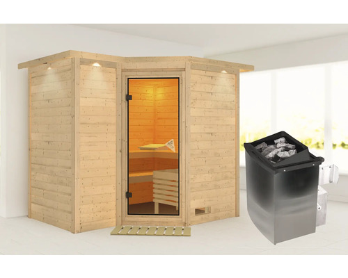 Sauna en bois massif Karibu Melanit 2 avec poêle 9 kW et commande intégrée, avec couronne et portes entièrement vitrées couleur bronze