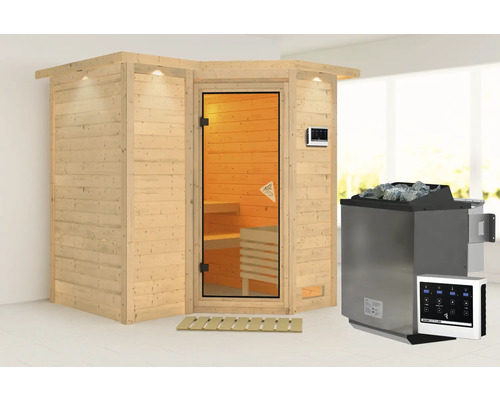 Sauna en bois massif Karibu Melanit 1 avec poêle 9 kW et commande externe, avec couronne et portes entièrement vitrées couleur bronze