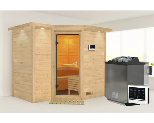 Sauna en bois massif Karibu Melanit 2 avec poêle 9 kW et commande externe, avec couronne et portes entièrement vitrées couleur bronze