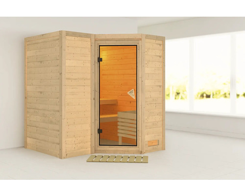 Sauna modulaire Karibu Melanit 1 sans poêle et couronne de toit avec porte tout en verre bronzé