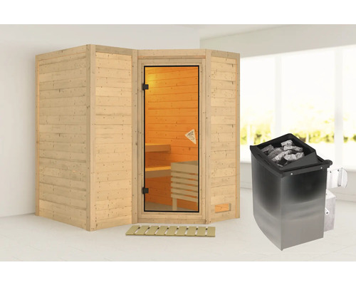 Sauna modulaire Karibu Melanit 1 avec poêle 9 kW et commande int. avec couronne de toit et porte tout en verre bronzé