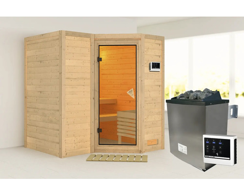 Sauna modulaire Karibu Melanit 1 avec poêle 9 kW et commande ext. avec couronne de toit et porte tout en verre bronzé