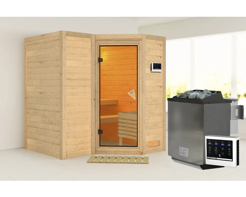 Sauna en bois massif Karibu Melanit 1 avec poêle bio 9 kW et commande externe, avec couronne et portes entièrement vitrées couleur bronze