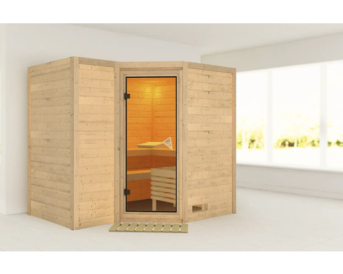 Sauna en bois massif Karibu Melanit 2 avec poêle 9 kW et commande intégrée, sans couronne, avec porte entièrement vitrée couleur bronze