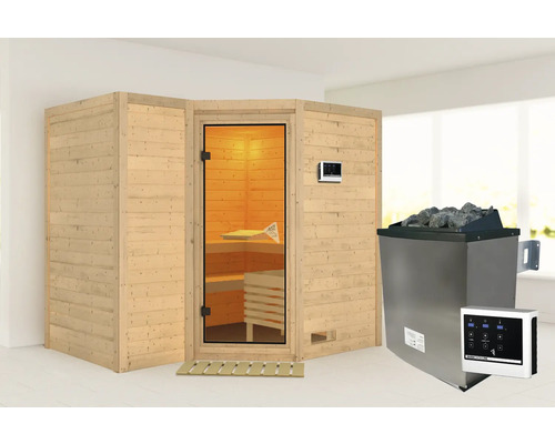 Sauna en bois massif Karibu Melanit 2 avec poêle 9 kW et commande externe, sans couronne, avec porte entièrement vitrée couleur bronze