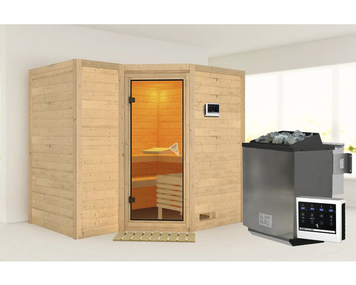 Sauna en bois massif Karibu Melanit 2 avec poêle bio 9 kW et commande externe, sans couronne, avec porte entièrement vitrée couleur bronze