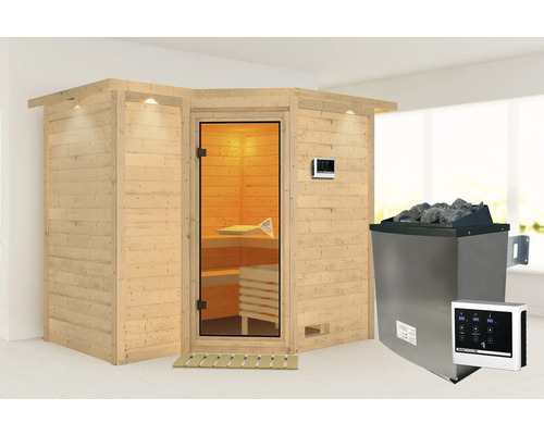 Sauna en bois massif Karibu Melanit 2 avec poêle bio 9 kW et commande externe, avec couronne et portes entièrement vitrées couleur bronze