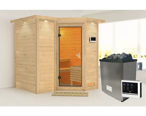 Sauna modulaire Karibu Melanit 1 avec poêle bio 9 kW et commande ext. avec couronne de toit et porte tout en verre bronzé