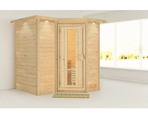 Sauna modulaire Karibu Melanit 1 sans poêle avec couronne de toit et porte en bois avec verre isolant thermoisolé