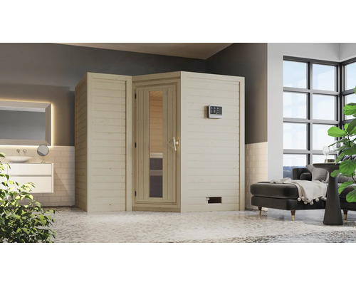 Sauna en bois massif Karibu Melanit 2 sans poêle ni couronne, avec portes en bois avec verre à isolation thermique Sauna en bois avec porte en verre et élément de commande dans une salle de bain