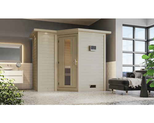 Sauna moderne en bois avec porte en verre et élément de commande dans la salle de bain.