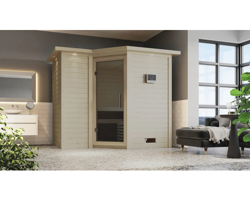 Intérieur avec un sauna en bois et une porte en verre à côté d'un meuble-lavabo.