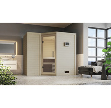 Vue intérieure d''un sauna avec porte en bois et éléments de commande