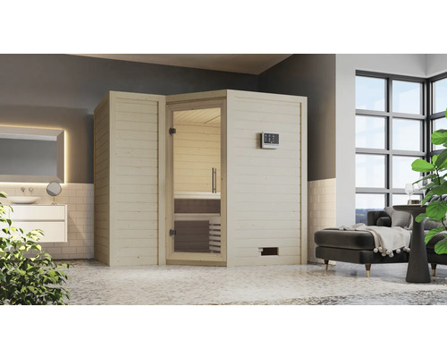 Sauna en bois massif Karibu Melanit 2 avec poêle 9 kW et commande externe, sans couronne, avec portes entièrement vitrées en verre transparent Sauna en bois massif Karibu Melanit 2 avec poêle 9 kW et commande externe, sans couronne, avec portes entièrement vitrées en verre transparent