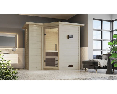 Sauna modulaire Karibu Melanit 2 sans poêle, avec couronne et portes entièrement vitrées en verre transparent Sauna intérieure moderne en bois avec porte en verre et élément de commande dans la salle de bain.