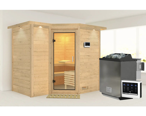 Sauna modulaire Karibu Melanit 2 avec poêle bio 9 kW et commande externe, avec couronne et portes entièrement vitrées en verre transparent