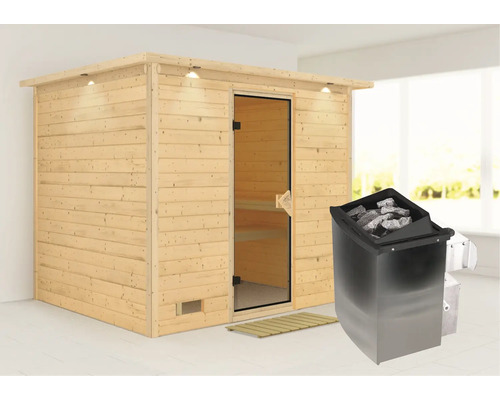 Sauna en bois massif Calienta Coral avec poêle 9 kW et commande intégrée avec couronne