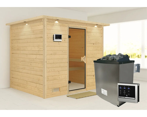 Sauna en bois massif Calienta Coral avec poêle 9 kW et commande externe avec couronne