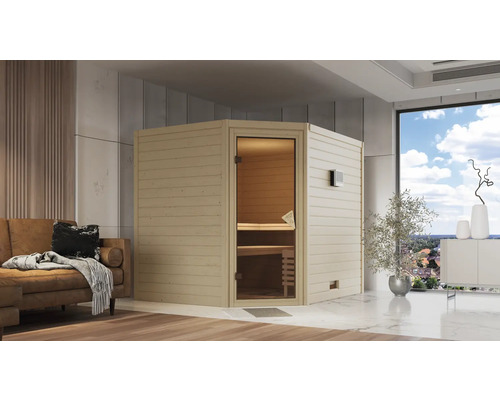 Sauna en bois massif Karibu Kanami avec poêle 9 kW, avec commande intégrée, sans couronne