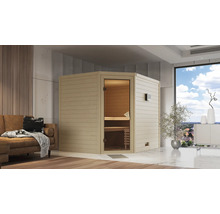 Massivholzsauna Karibu Kanami inkl. 9 kW Bio Ofen u.ext.Steuerung ohne Dachkranz mit bronzierter Ganzglastür