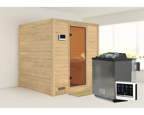 Sauna en bois massif Karibu Wojave avec poêle Bio 9 kW et commande extérieure, sans couronne