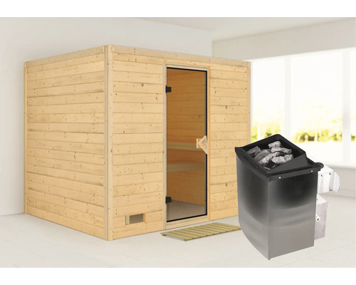 Sauna en bois massif Karibu Monara avec poêle 9 kW, avec commande intégrée, sans couronne