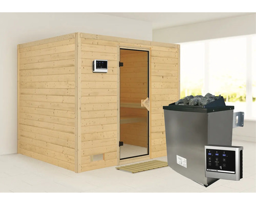 Sauna en bois massif Karibu Monara avec poêle 9 kW, avec commande extérieure, sans couronne