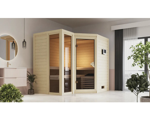 Sauna modulaire Karibu Tamara avec poêle 9 kW et commande int. sans couronne de toit avec porte tout verre bronzé