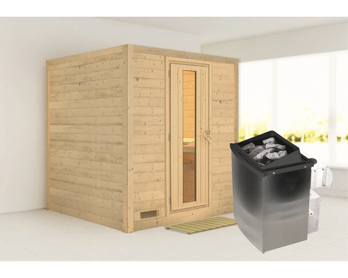 Sauna en bois massif Karibu Wojave avec poêle 9 kW et commande intégrée, sans frise de toit