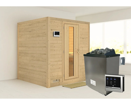 Sauna en bois massif Karibu Wojave avec poêle 9 kW et commande extérieure, sans frise de toit