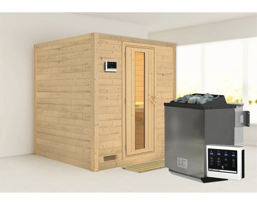 Sauna en bois massif Karibu Wojave avec poêle Bio 9 kW et commande extérieure, sans frise de toit