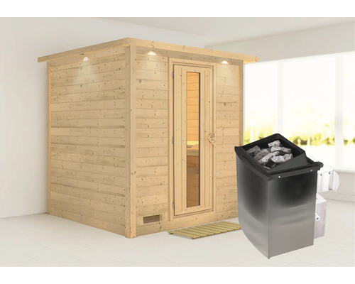 Sauna en bois massif Karibu Wojave avec poêle 9 kW et commande intégrée, avec frise de toit