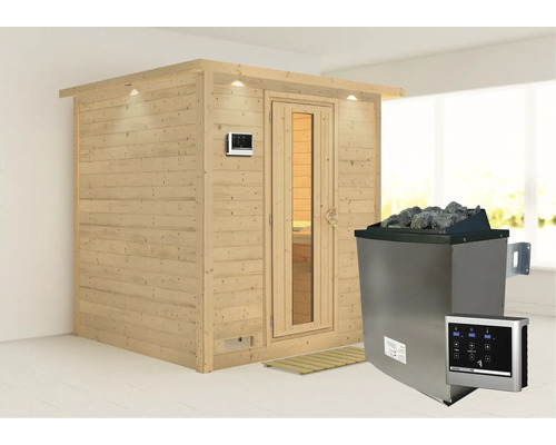 Sauna en bois massif Karibu Wojave avec poêle 9 kW et commande extérieure, avec frise de toit