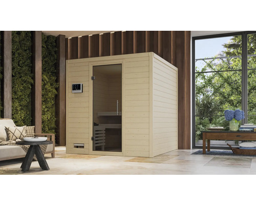 Sauna en bois massif Karibu Wojave sans poêle ni frise de toit, porte entièrement vitrée coloris graphite