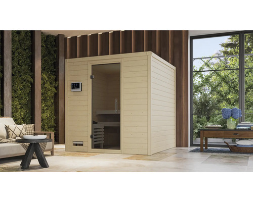 Sauna en bois massif Karibu Wojave avec poêle 9 kW et commande intégrée, sans frise de toit, porte entièrement vitrée coloris graphite