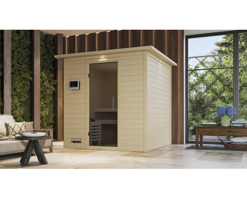 Sauna en bois massif Karibu Wojave avec poêle 9 kW et commande intégrée, frise de toit et porte entièrement vitrée coloris graphite