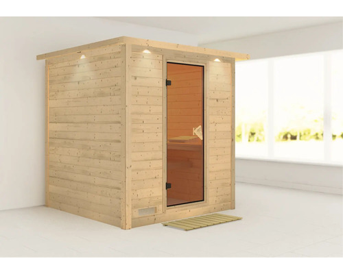 Sauna en bois massif Karibu Wojave sans poêle avec couronne et porte entièrement vitrée coloris bronze